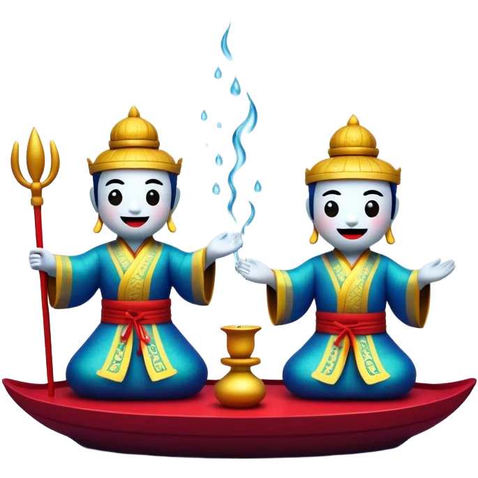Cinematic Realistic Water Puppetry Emoji, depicted as a whimsical scene of traditional water puppets performing on a reflective water stage, rendered with vivid textures and dynamic playful lighting that captures its enchanting charm. emoji