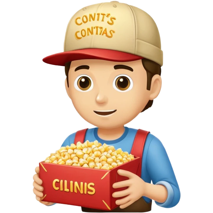 persona vendiendo palomitas en el cine, con gorra y delantal, sosteniendo una caja de crispetas emoji