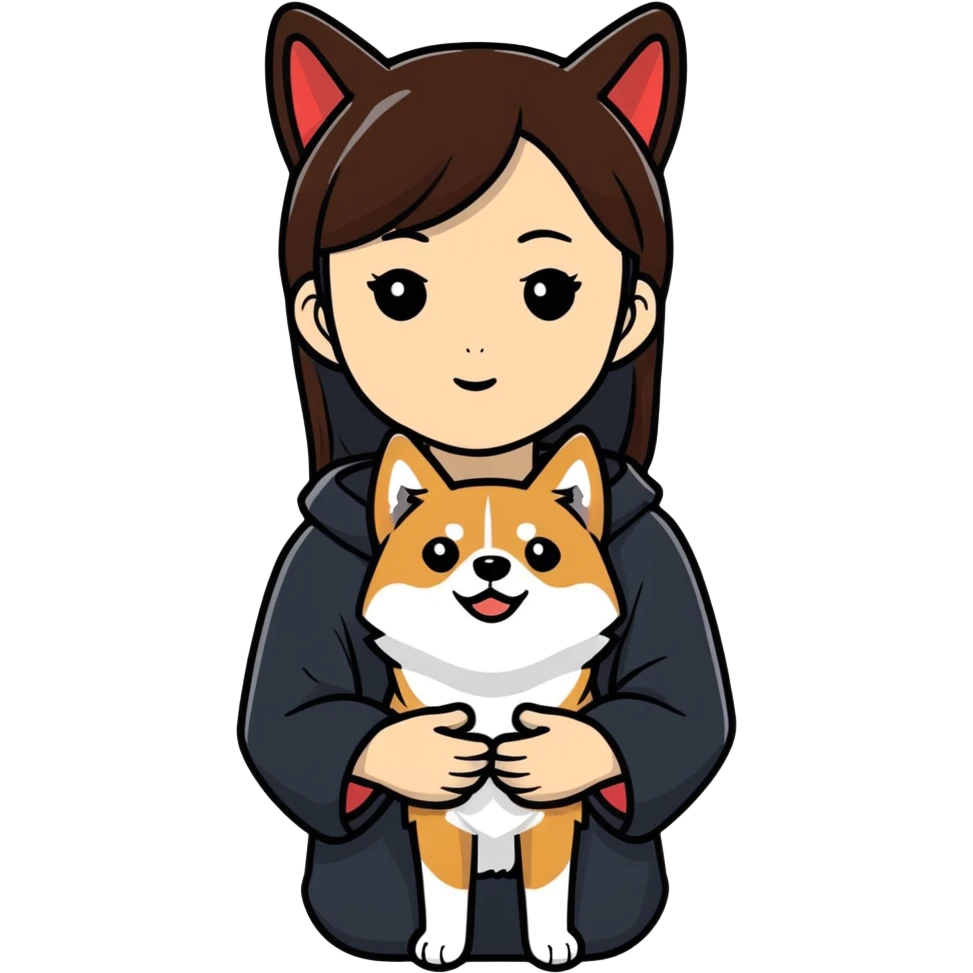 Asian girl with dark brown hair and a black shiba inu emoji