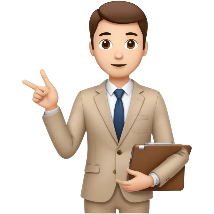 professional character standing and gesturing with one hand, while holding a clipboard or tablet in the other. The character wears smart casual business attire. emoji