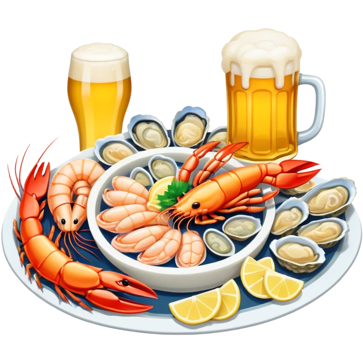 Qingdao seafood with beer, simplified emoji style with bold outlines and bright colors, cartoon style Chinese seafood platter with yellow beer emoji