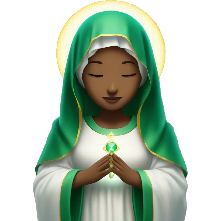 Virgin Mary: kind face looking down at the left Wearing an emerald green  robe and white veil. Hands in prayer or blessing. Halo around her head. standing on a crescent moon.  emoji