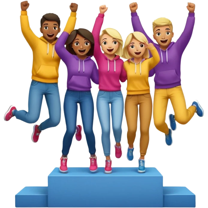multi-racial men and women standing on a winners’ podium with the middle podium position elevated, no numbers on podium, casually dressed in fun colorful jeans t-shirts and hoodies, one person jumping with excitement, excited fun expressive emoji style emoji
