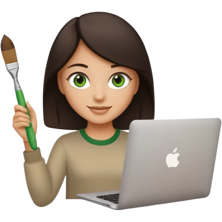 happy Graphic designer whit a MacBook, him eyes green color and dark brown hair, he is paint artist emoji