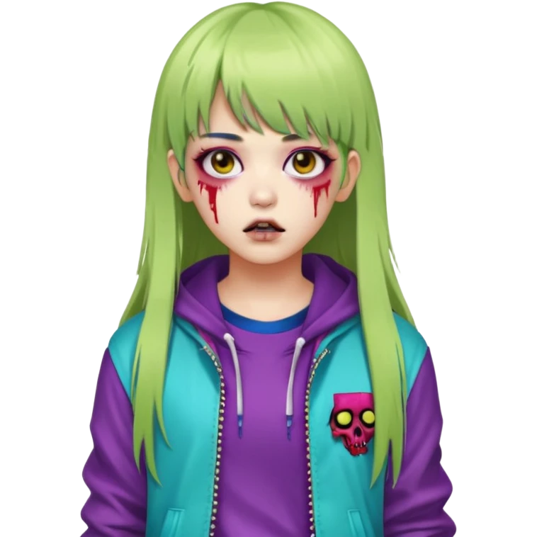  portrait-of-a-zombie-k-pop-idol,-wearing-a-stylish-streetwear-outfit-with-layered-colorful-clothing,-long-hair-with-bangs,-makeup,- emoji