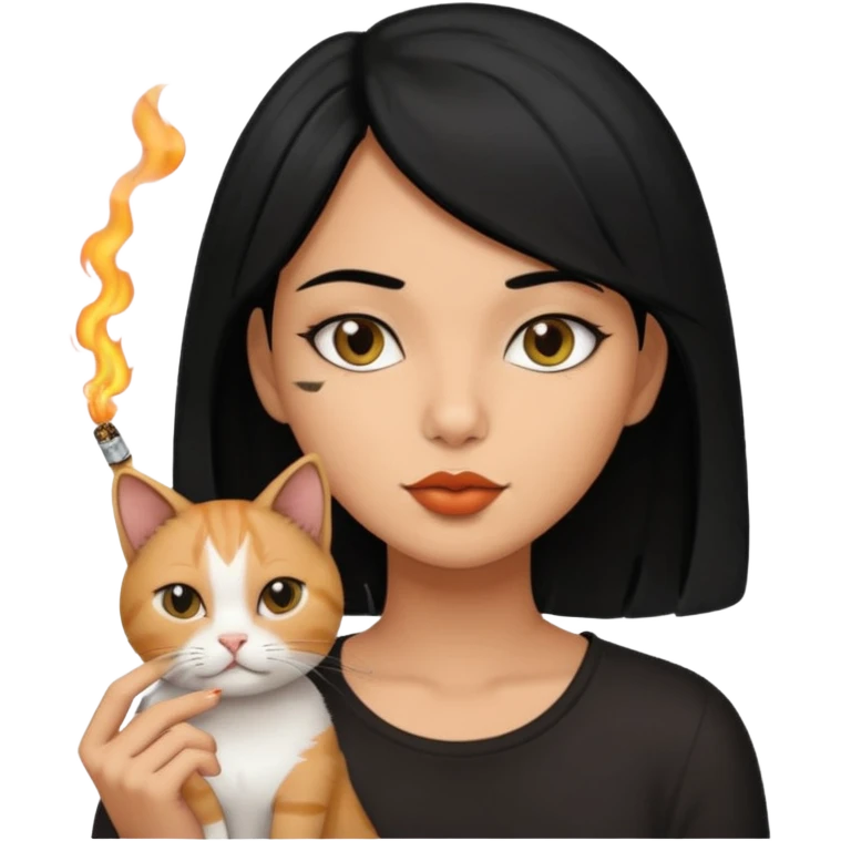 Girl with black hair and tan skin smoking with her cat emoji