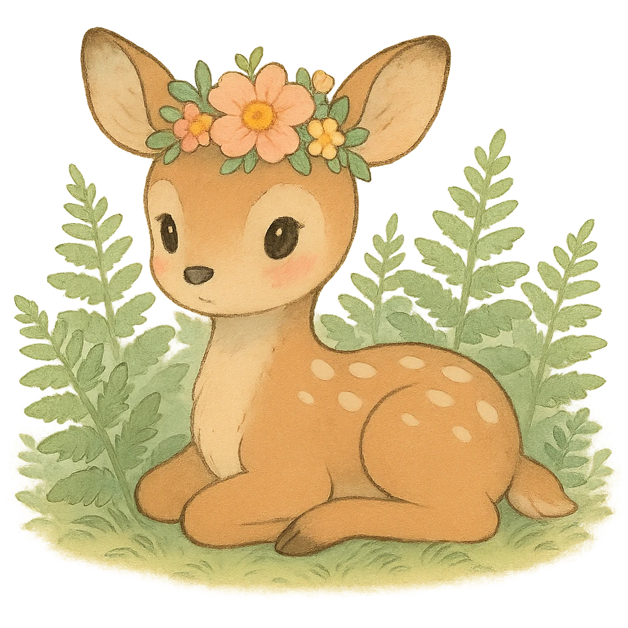 baby deer with a flower crown, surrounded by ferns, soft pastel colors, ghibli style emoji