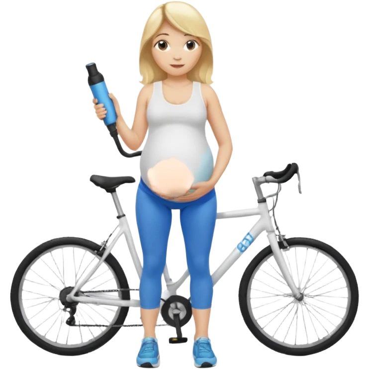 Woman blonde hair white tank top blue leggings pregnant belly holding a bike pump emoji