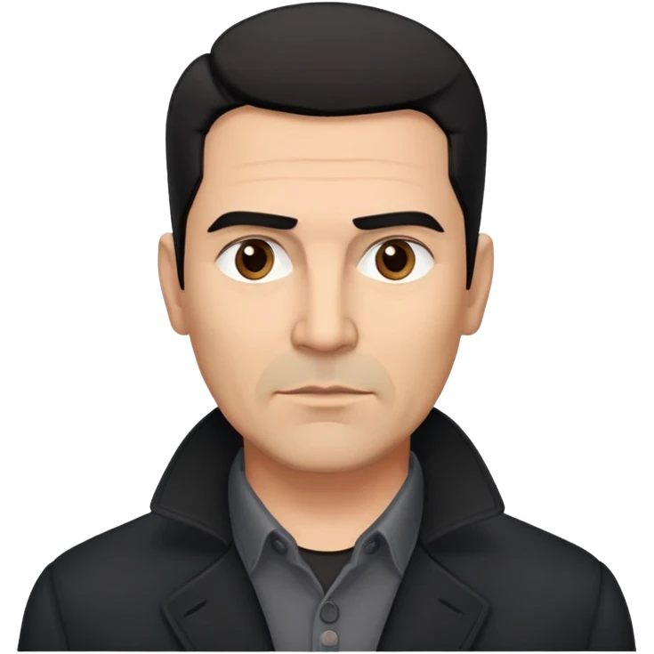 Broad-shouldered Hispanic man in his 50s, light brown complexion, square face with defined jawline, short straight black hair combed back with faded sides, thick eyebrows, black coat with gray buttoned-up shirt emoji