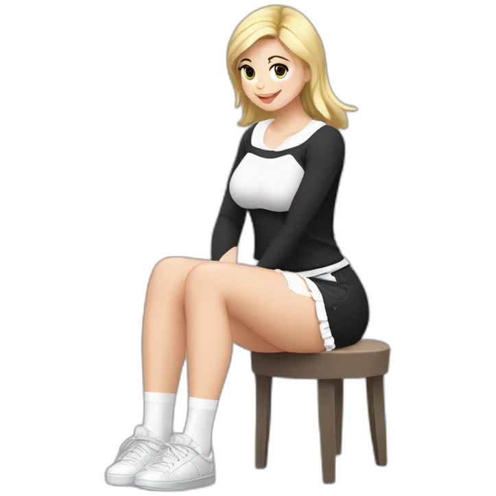 Front view full body curvy caucasian beauty sitting straight hands up black skirt white knickers white socks emoji