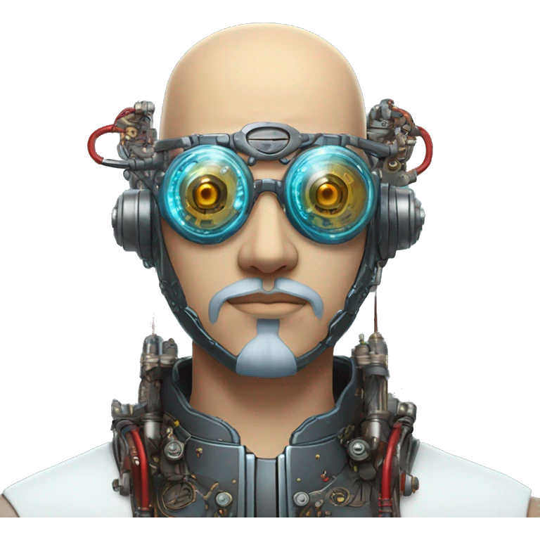  Bald Asian male cyborg head with light blue beard, red steampunk goggles and circuits emoji