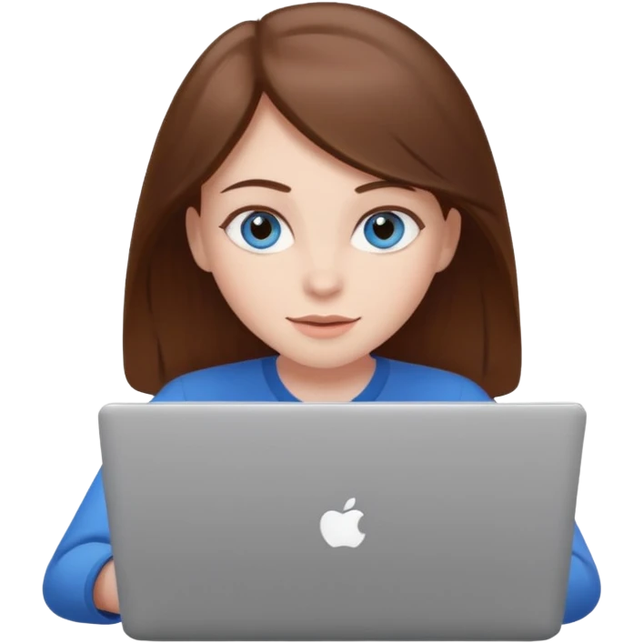 girl with brown hair and blue eyes, white skin, friendly expression, working on a laptop emoji
