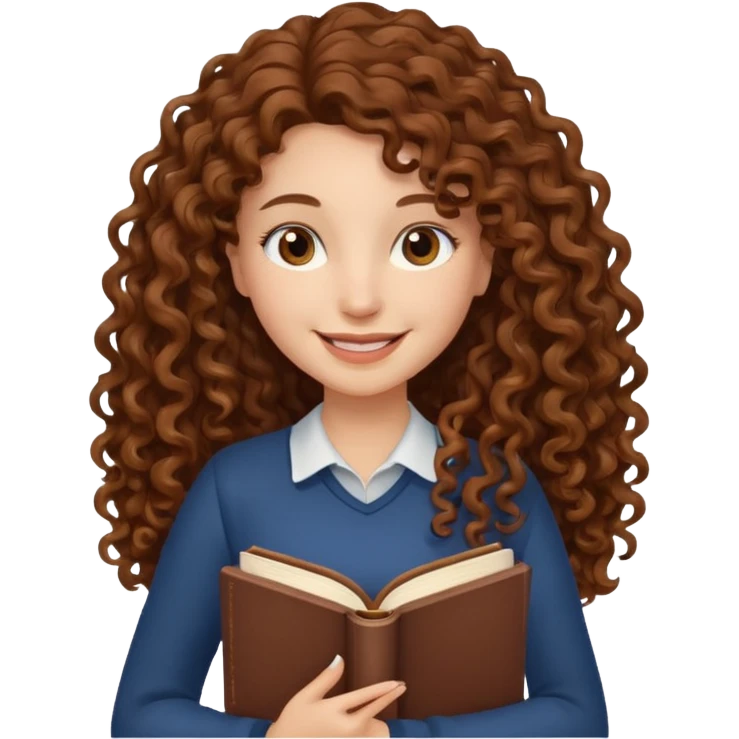 Long Hair Women with Book, Brown curly hair, happy

 emoji