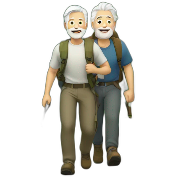 Older men with white hair and younger man with brown hair and a beard hiking up a hill emoji