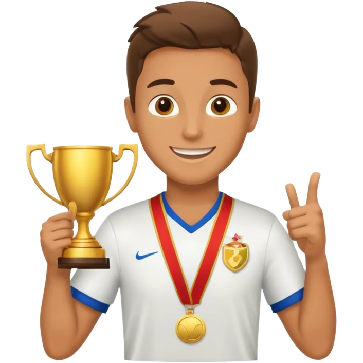happy soccer player with a first-place medal and a trophy emoji