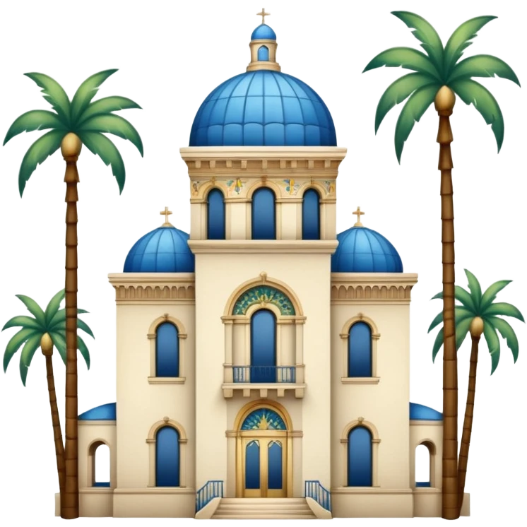 California building with ornate blue, gold, and green tile dome, slender California Tower, Spanish Colonial Revival style, palm trees, simple emoji