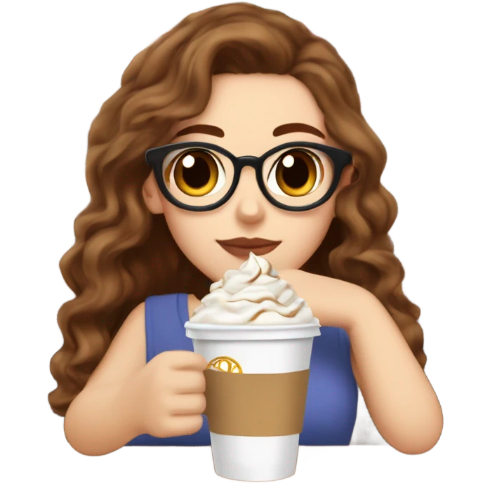 aesthetic white girl with brown wavy hair and brown eyes sipping an iced americano in a cute coffee shop  emoji