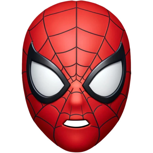 3D emoji of Spider-Man's face, with red mask, black webbing pattern, and large white eyes in glossy emoji style." emoji