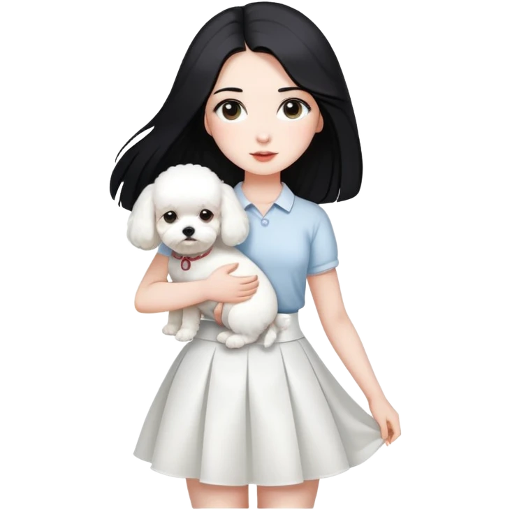 A beautiful girl with long straight black hair wearing a white skirt holding a small white Bichon Frise emoji