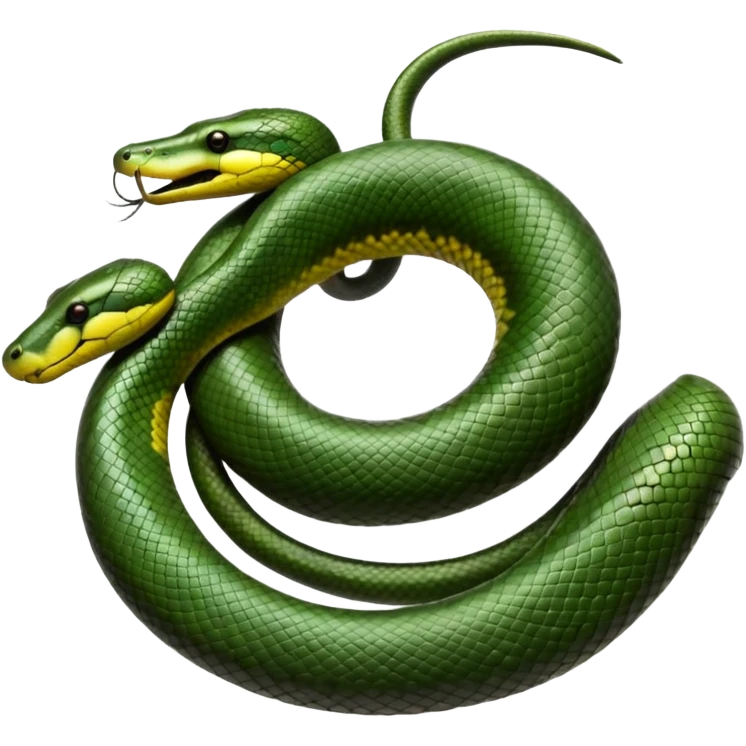 A photo-realistic top-down view of a Green Anaconda tightly coiled in a spiral, with its broad, flat head resting at the center. Its olive-green body is thick and muscular, patterned with symmetrical, bold black oval spots that flow along its smooth, glossy scales, that are camoflaged emoji