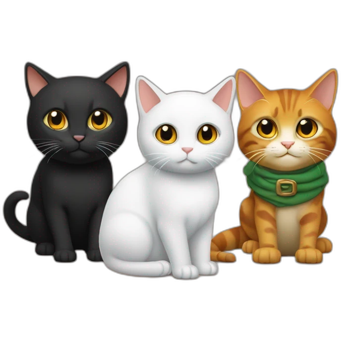 un chat roux, un chat noir en écaille tortue et un chat noir et blanc l'un à côté de l'autre emoji