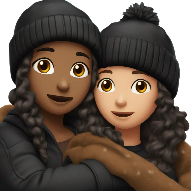 2 womenbest friend, one of them is brown  wavy hair in black winter cap, and the other one is black straight hair in black winter cap, hug emoji