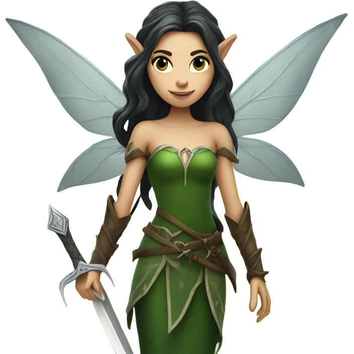 Female forest fairy, wings, pointed elf ears, long dark hair, light skin, vines, holding medieval sword emoji