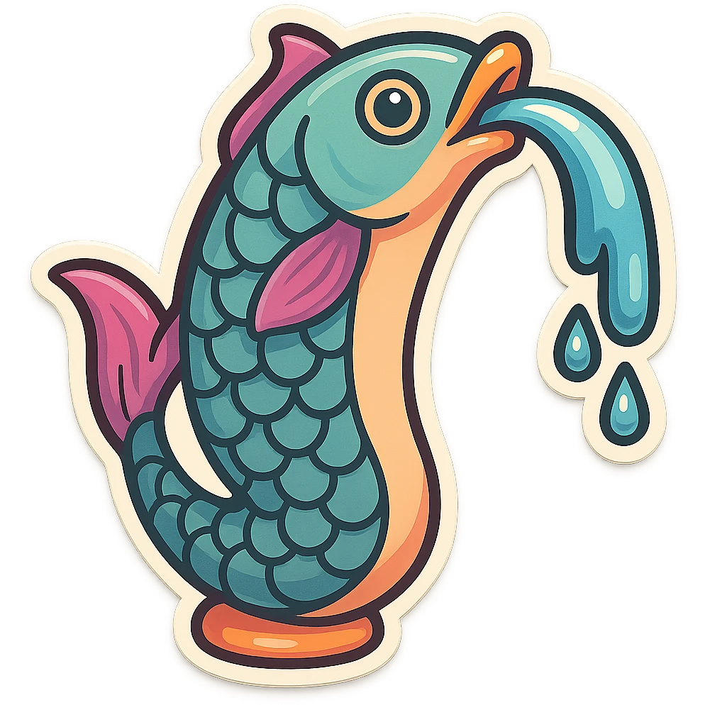 Redesign this elongated fish-fountain in retro-stickers style, without decoration, with detailed drawing, shadows and highlights, thin clean contours, soft rounded shapes, pastel palette #98B5BC, #B5B3C1, #C9A3C9, #E4C0CA, #F7DCD1, #F7C0AA, modern Japanese pop-art, soft lighting, transparent background. emoji