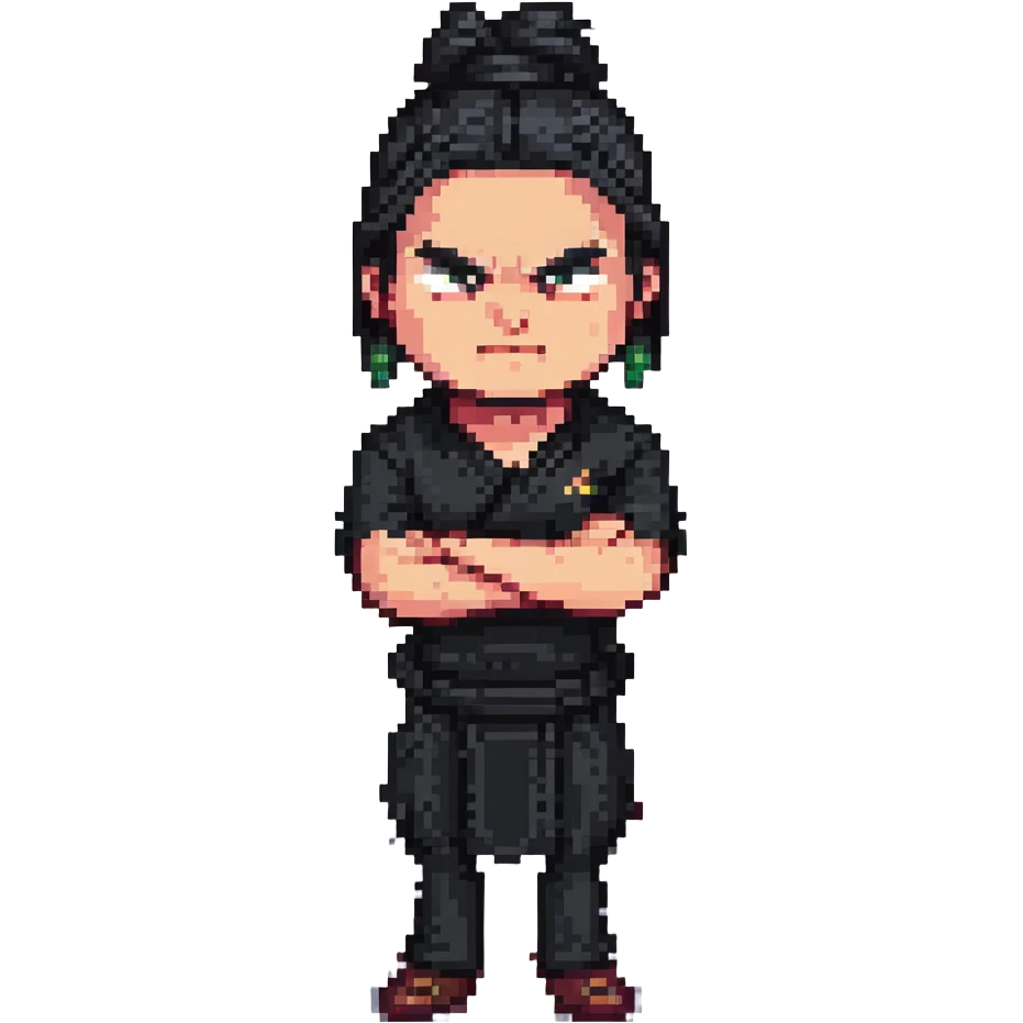 angry man with long black hair tied in a bun, arms crossed, dressed in black, pixel art 32bit style emoji