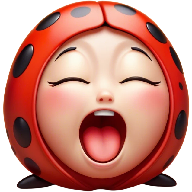 Cinematic Adorable Yawning Ladybug Portrait Emoji, Head tilted slightly with a dramatic, wide-open yawn, showcasing a small, rounded form with softly drooping wings and sleepy, half-closed eyes, Simplified yet irresistibly cute features, highly detailed, glowing with a soft, cozy red glow, high shine, relaxed yet expressive, stylized with a dash of whimsical nature charm, soft glowing outline, capturing the essence of a drowsy ladybug that appears ready to stretch and yawn its way out of the screen! emoji