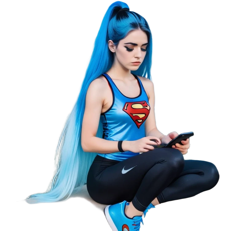 Shameful disappointed crying-very very very very big chest-texting on a samsung cell phone-very long straight flowing black to sky blue hair ombre-blue eyes-black eyeliner-long eyelashes-plastic sparkling sky blue very low cut tank top with sparkling superman logo-black leggings-nike sneakers emoji