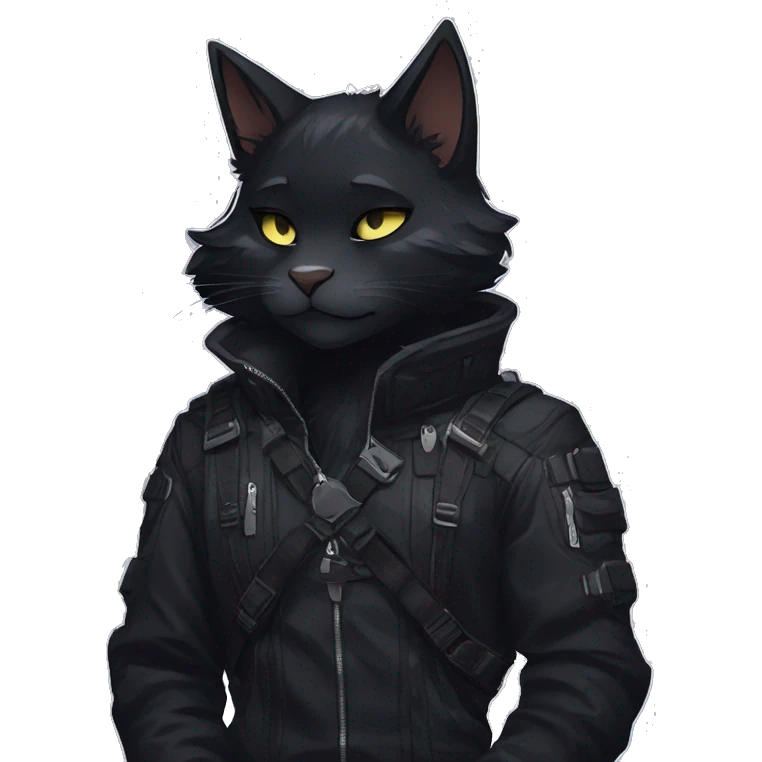 Gorgeous furry dark techwear anime style anthro black cat furry sona Fakémon aesthetic and pretty edgy black with collar and harness trending style emoji