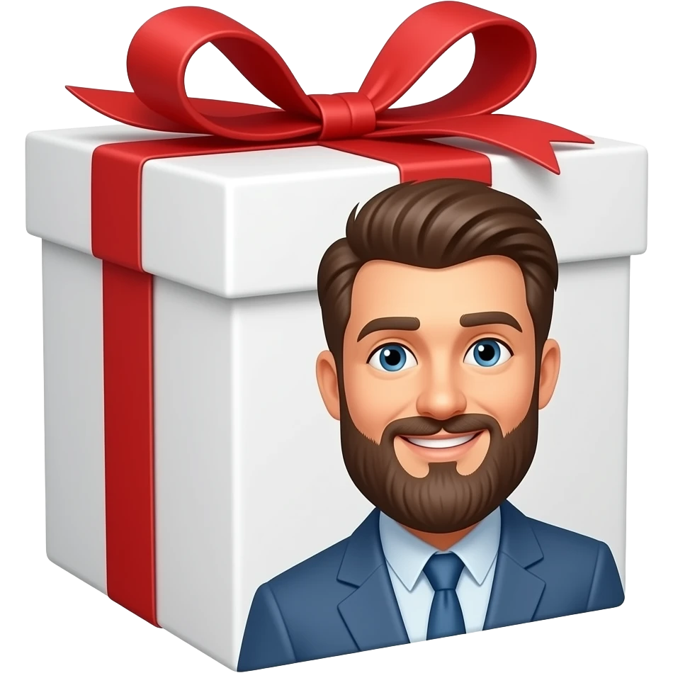 white gift box with happy man with beard emoji