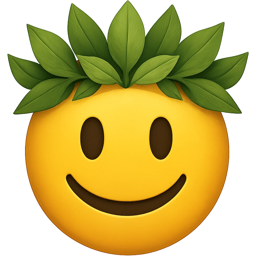 yellow face with green leaf crown emoji, digital illustration emoji
