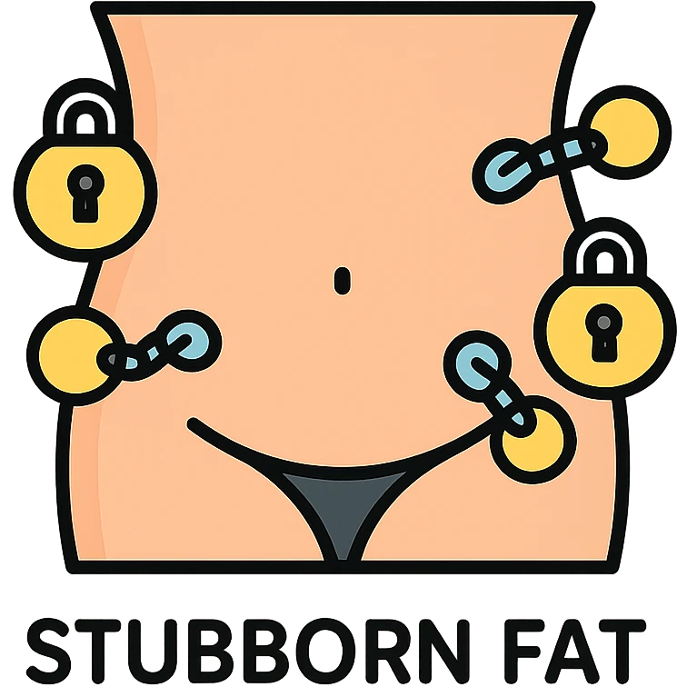 realistic abdomen with stubborn fat, infographic style, adipocyte icons with chains or locks, light colors, short text 'stubborn fat' emoji