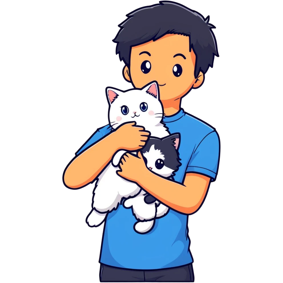teenage boy with black hair wearing blue short sleeve shirt holding a white ragdoll cat emoji