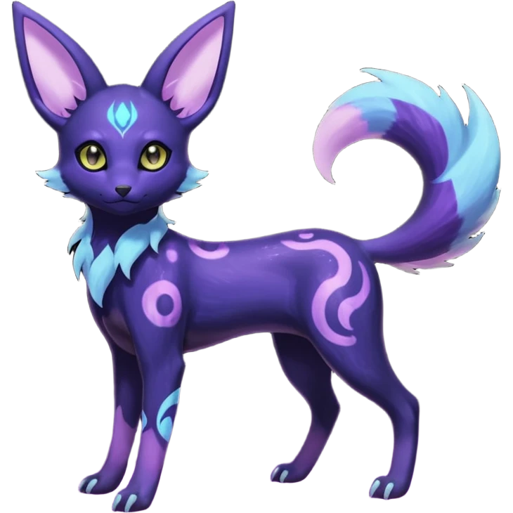 Rare realistic purple indigo violet nebulae shiny sparkly dark-neon glowing bioluminescent edgy badass epic pretty beautiful handsome gorgeous aesthetic colorful vibrant Vernid-Trico-Umbreon-Espeon-species-Fakemon-creature by LiLaiRa, 4 legs, 1 tail, random markings, (full body) emoji