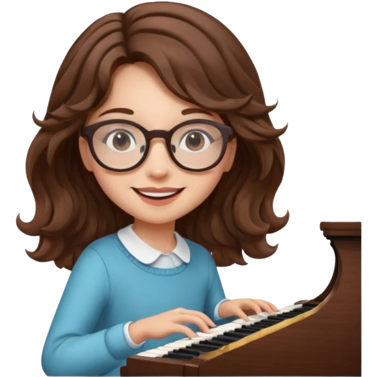 girl brown hair wavy. round glasses eye. playing piano emoji