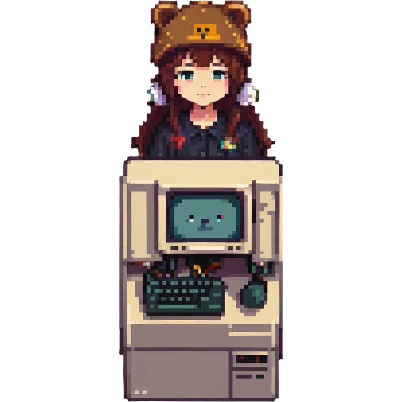 Lain Iwakura with signature bear hat, retro computer background, pixel art style emoji