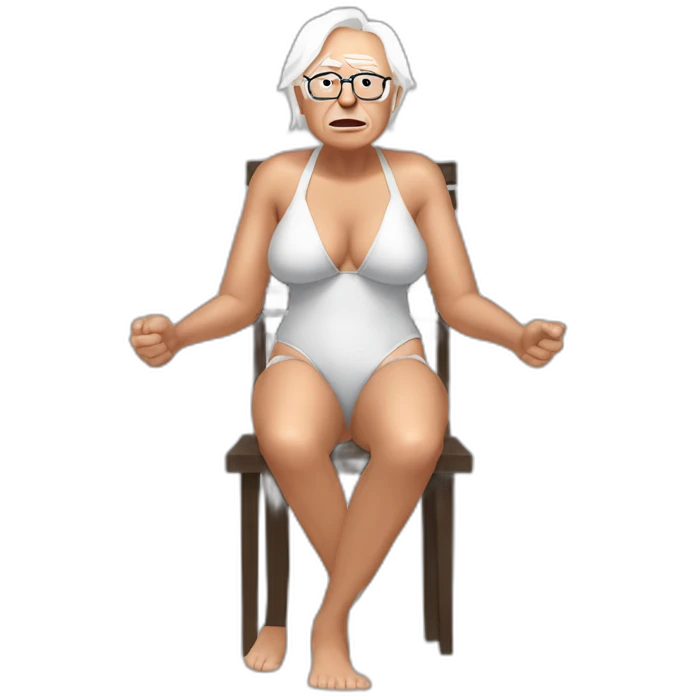 bernie sanders wearing string bikini acting out that scene from basic instinct sitting facing forward legs apart(full body, ios17, sitting legs spread apart) emoji