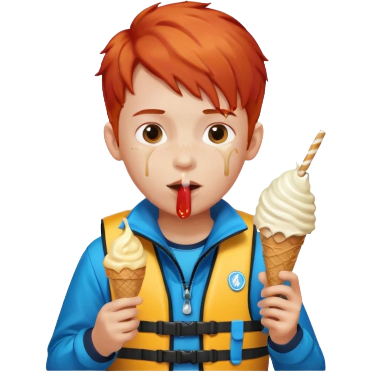 boy kid red haired wearing life jacket, eating ice cream emoji