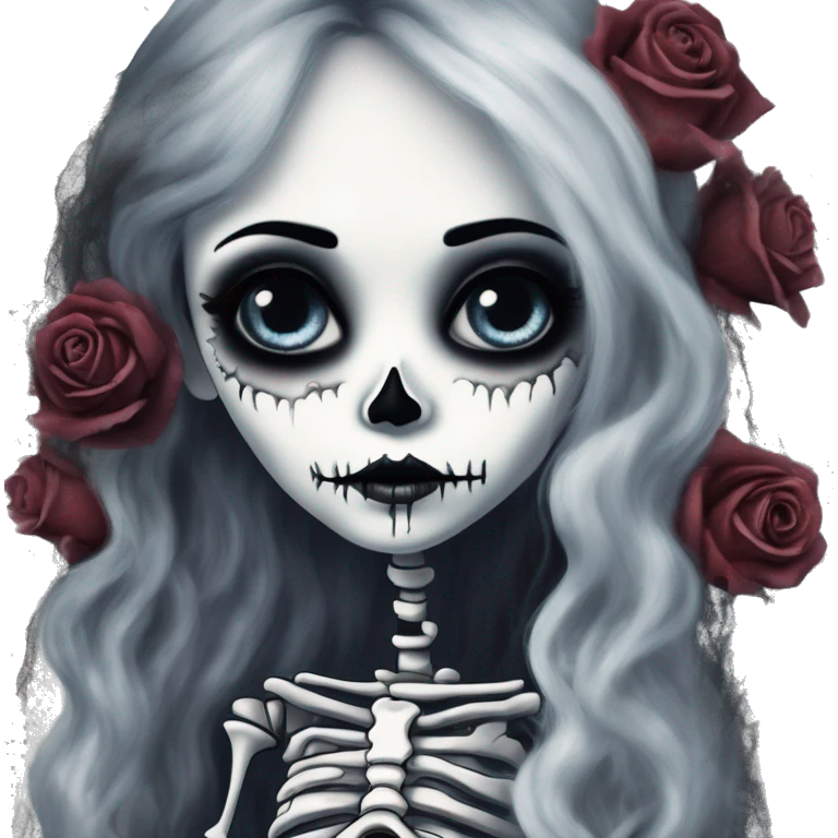full height skeleton, tim burton "corpse bride", thin porcelain doll with a cracked face, goth makeup watery eyes, long hair, lace and ruffles, lolita style, inked, black and white, red roses, gothic castle with roses emoji