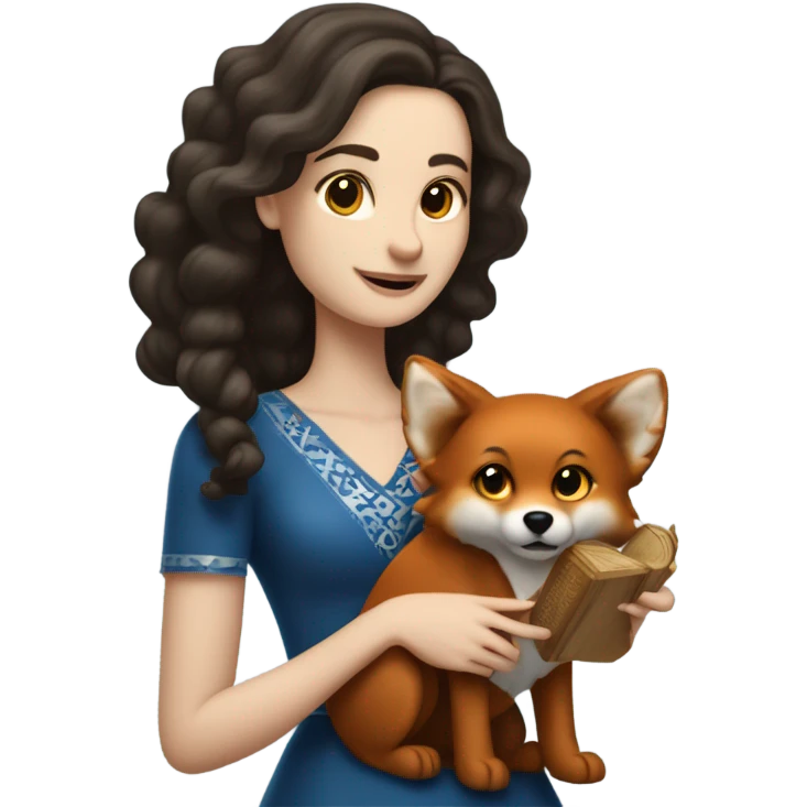 White girl in a dress for Hanukkah with longer wavier dark brown hair holding a menorah with her red fox lookalike dog  emoji