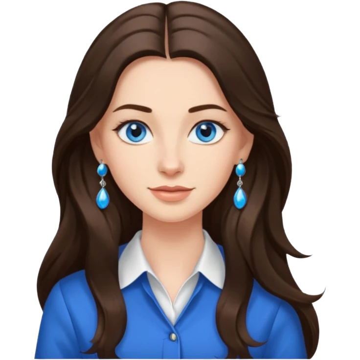 
Create an emoji of a brunette with blue eyes. She should have long hair, stylish clothing, and a friendly facial expression. Add some accessories like earrings or glasses to make the look more interesting. emoji