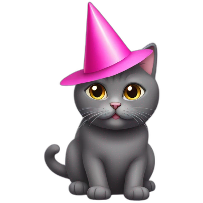 Dark Grey British short hair cat wearing a pink party hat emoji
