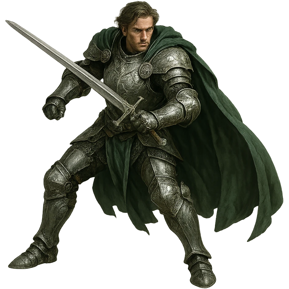 warrior in ornate silver armor, green cape, ready for battle emoji