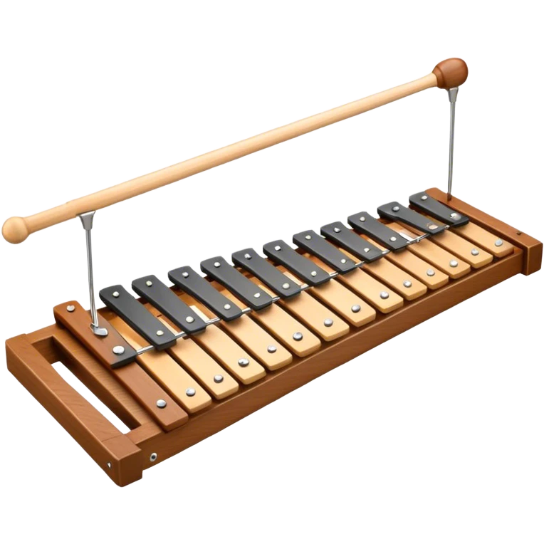 Create a vibrant and detailed emoji representing a Fleet FLT-SX37 xylophone. The design should feature the sleek wooden keys of the xylophone, arranged neatly on the frame, with metal bars clearly visible. Add the mallets placed beside the instrument or in motion, highlighting their soft rubber heads. Use warm, natural wood tones for the keys, with subtle metallic accents to reflect the professional quality of the instrument. Add small musical notes or soundwaves around the xylophone to evoke its bright, percussive sound. The background should be transparent. emoji