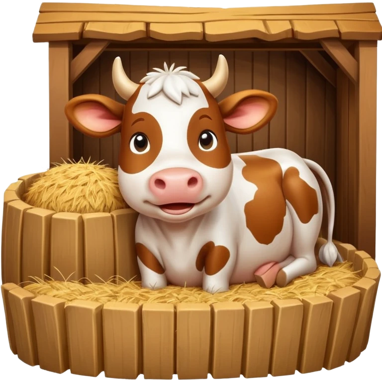 cute cow feeding scene inside a cow barn, wooden stable, hay bales, feeding trough, happy cow eating hay, warm farm lighting, 3D cartoon, mobile game icon style, clean background, no text, no watermark
 emoji