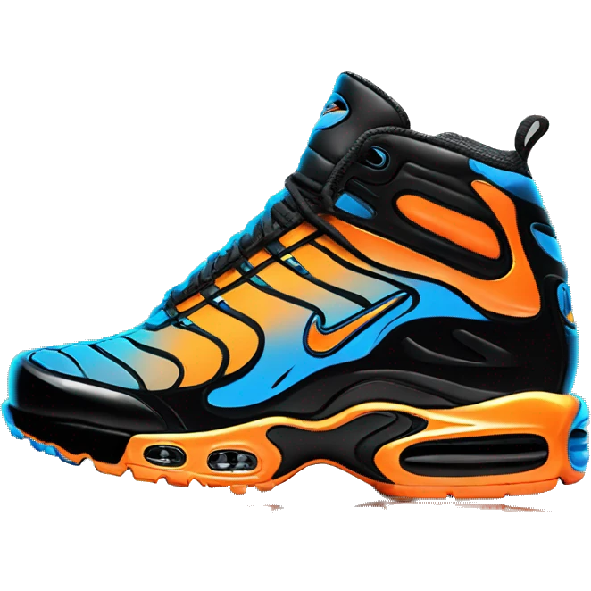create a black orange and blue colored nike tn in comic style emoji