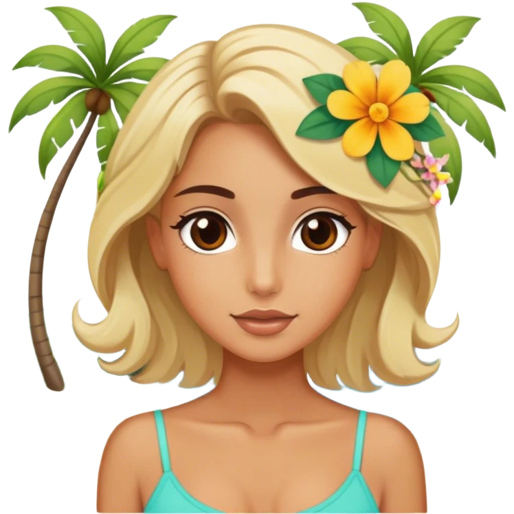 Luxury blonde model, brown eyes, island vacation, hair flower emoji